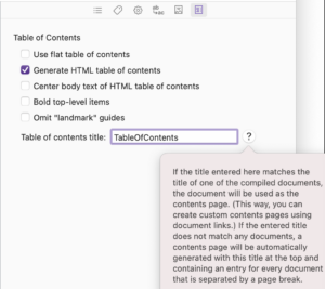 Compile option setting for setting up an HTML TOC